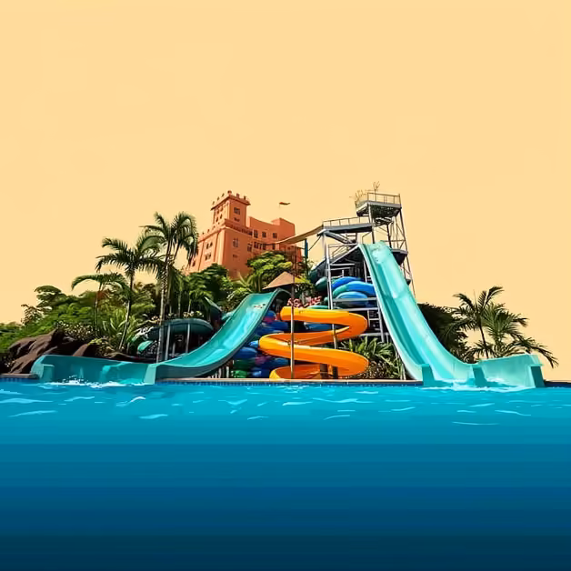 A colorful water park with tall slides, a spiral orange slide, palm trees, and a big building under a clear yellow sky.