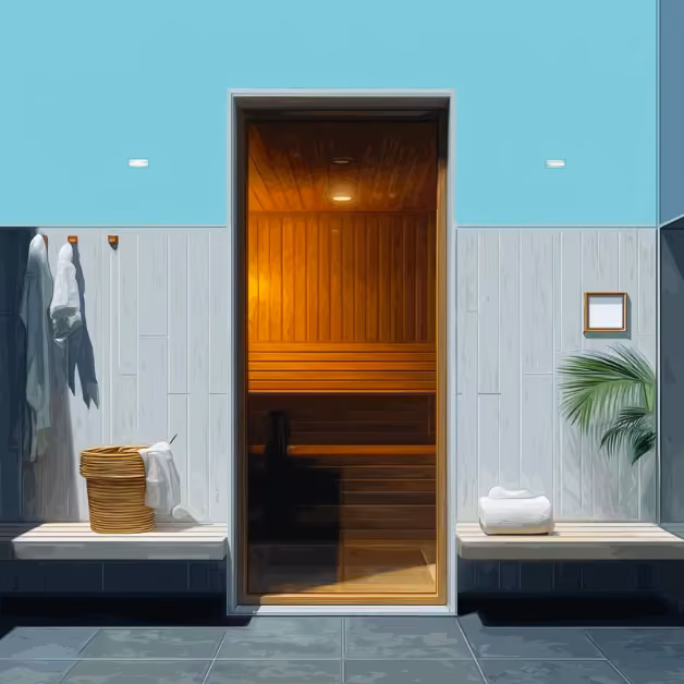 A modern wooden sauna is seen through an open door; benches, towels, robes, a basket, and plant sit by blue-gray tiled walls.