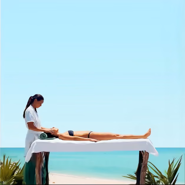 A woman in swimwear gets a massage on an outdoor table by the beach, with a clear blue sky and sea in the background.