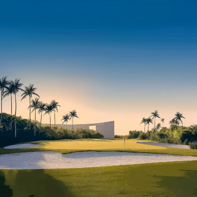 A golf green with a sand bunker, palm trees, clear blue sky, and a modern building in the background.