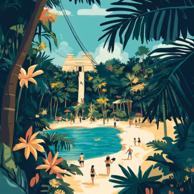 People relax by a tropical lagoon with lush plants, flowers, a stone temple in the background, and a zipline overhead.