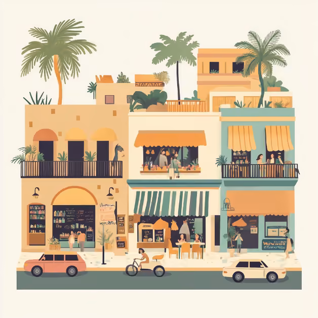 Colorful Mediterranean buildings with balconies, palm trees, outdoor diners, shops, cars, and a bike on a sunny Tulum street.