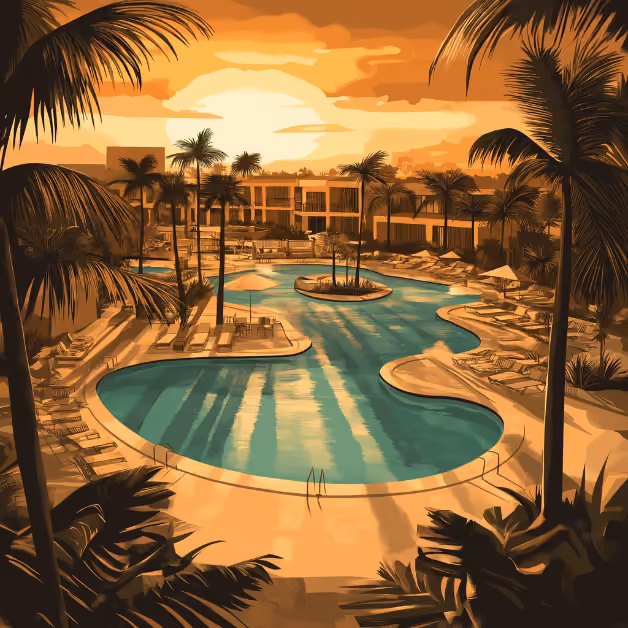 Resort pool with lounge chairs, palm trees, and umbrellas at sunset; golden sky reflecting off tranquil water.