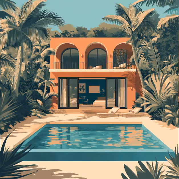 A modern two-story villa with arched balconies overlooks a clear pool, framed by lush palm trees and dense greenery under the sun.