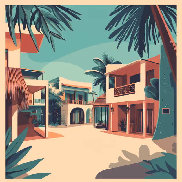 Sunny tropical street lined with modern white buildings, palm trees, balconies, and lush greenery for a relaxed vacation vibe.