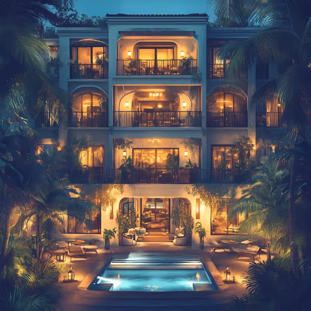 A warmly lit villa with balconies and arched windows sits by a palm-lined pool, lounge chairs, and lanterns at night.