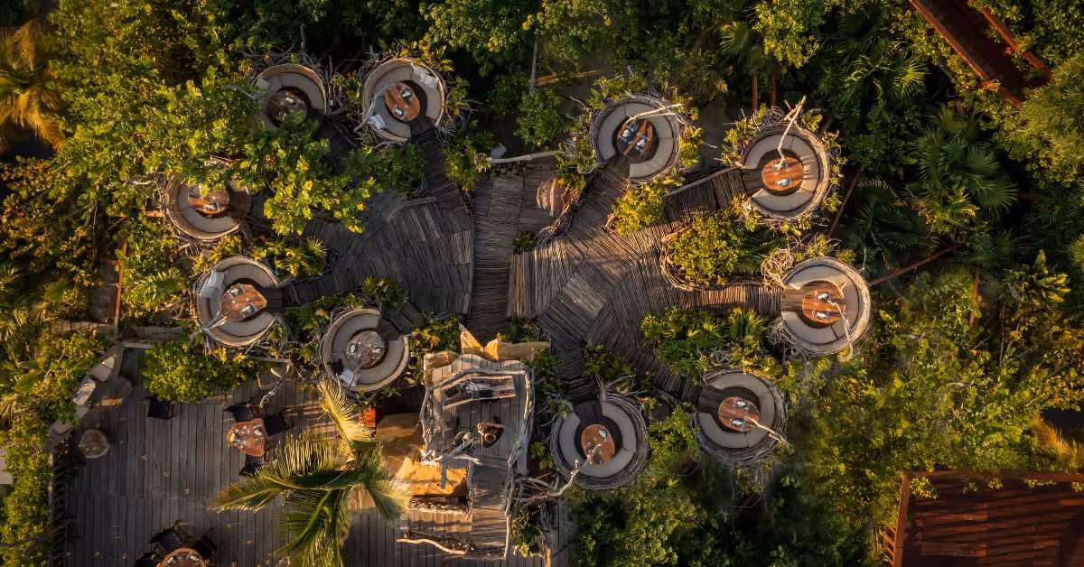 Overhead view of rooftop dining pods in a circle among green trees, linked by wooden walkways, with tables set inside.