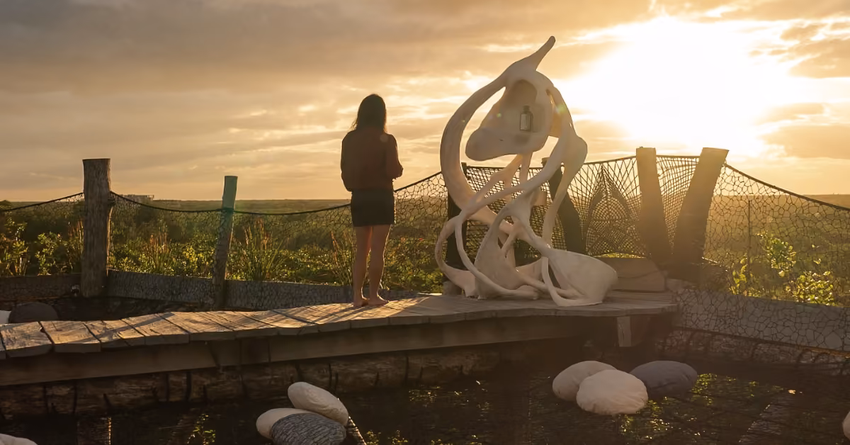 At sunset, a person stands on a rooftop near a white sculpture, with cushions below and lush greenery in the background.