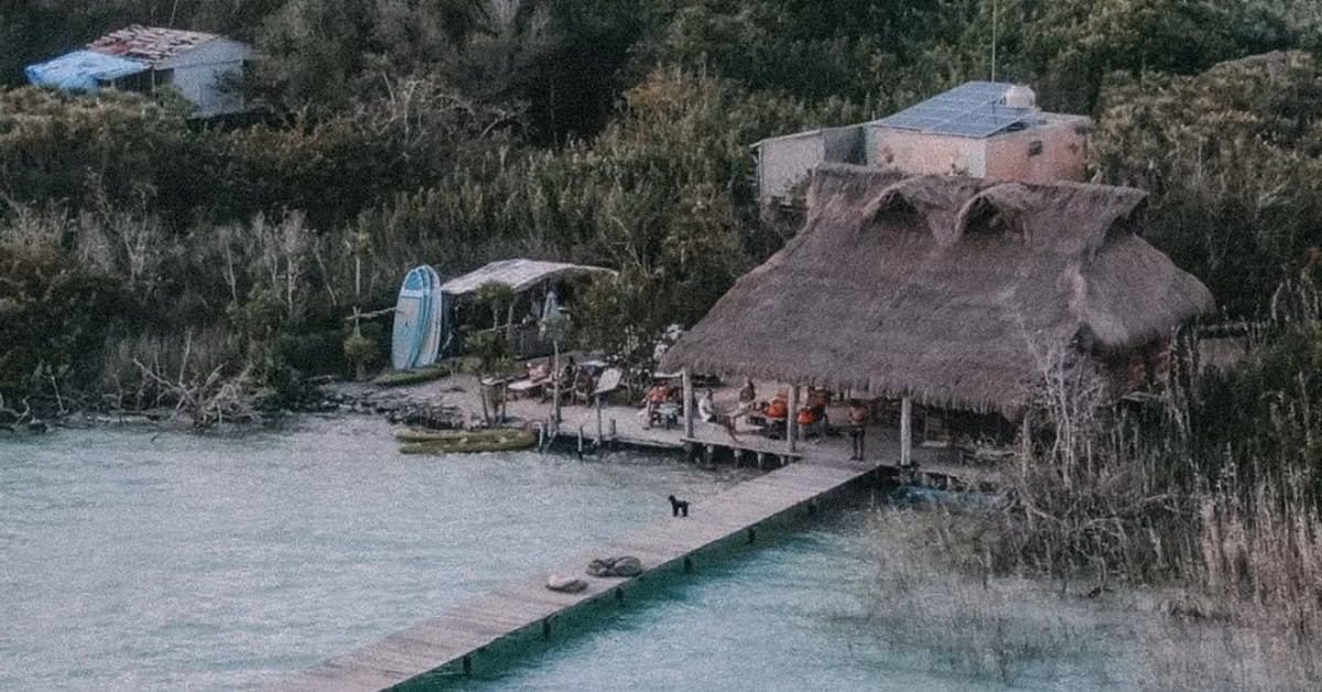 A thatched hut by a lake is surrounded by greenery. A black dog stands on the dock, with outdoor furniture and a surfboard nearby.