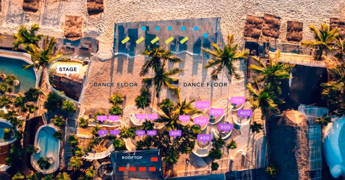 Nighttime aerial of Papaya Playa Project with labeled stage, dance floors, rooftop, seating, palm trees, and pools.