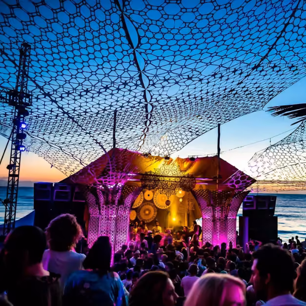 Beach festival at sunset, crowd under geometric canopies and bright lights, energy buzzing by the ocean.