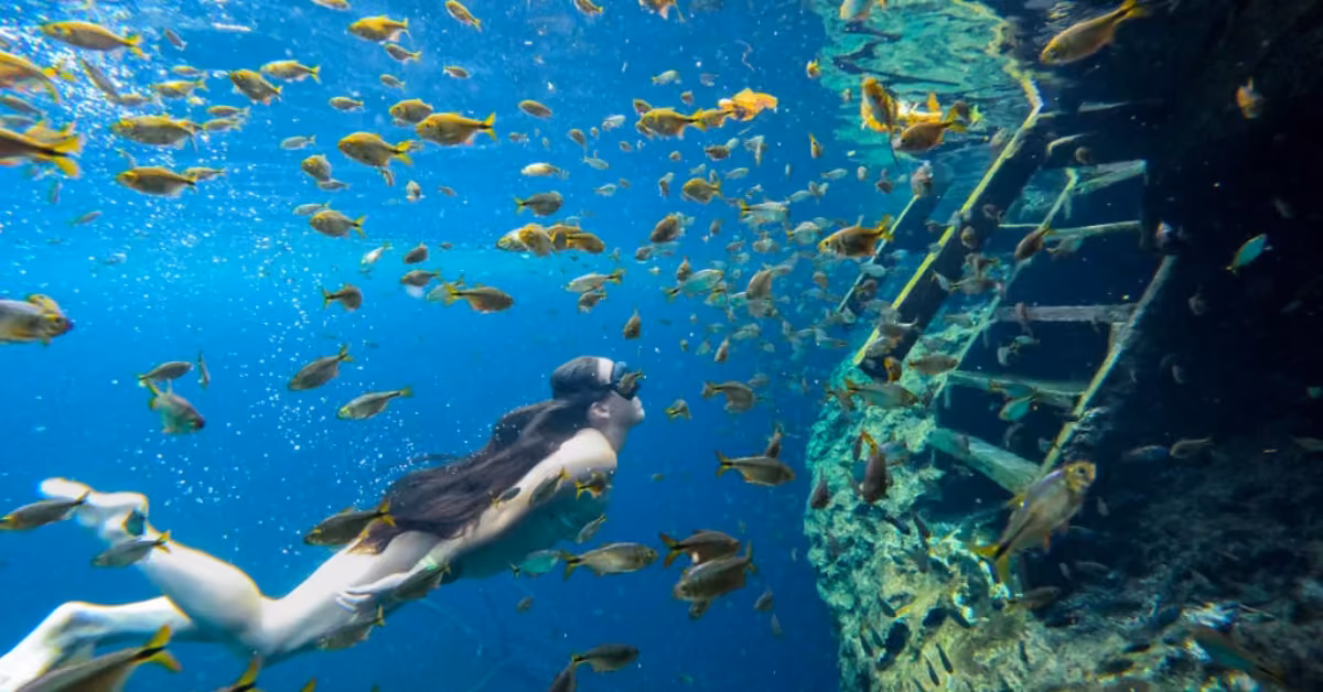 A woman in a swimsuit and snorkel mask swims by a shipwreck, surrounded by yellow fish in clear blue water.