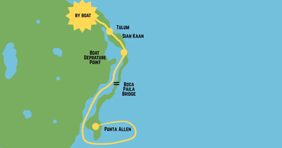 Map showing a boat route from Tulum past the Boat Departure Point and Boca Paila Bridge to Punta Allen along the coast.