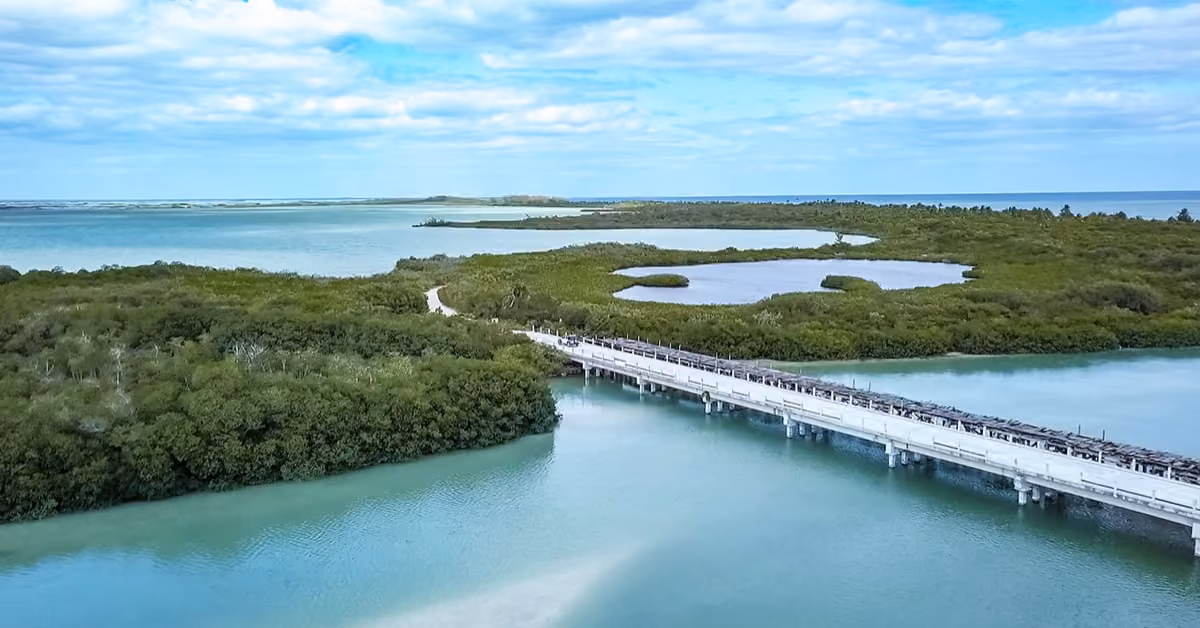 Aerial view of a long bridge stretching over turquoise water and mangroves beneath a clear blue sky.