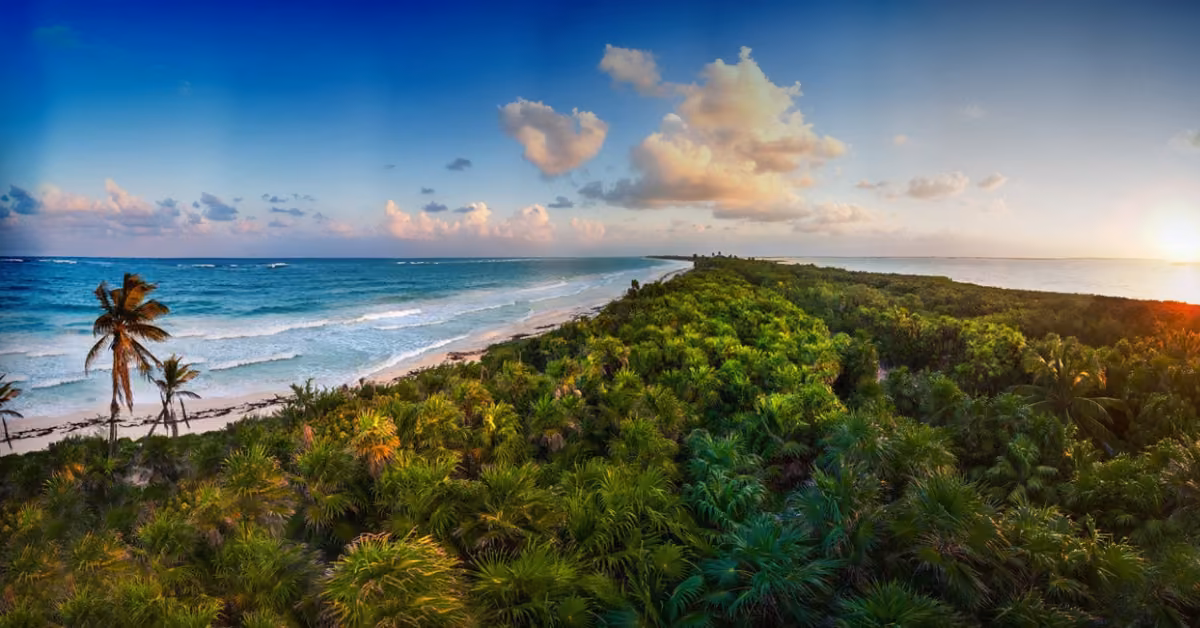 Aerial view of a tropical beach with turquoise waves, white sand, green palm trees, and a partly cloudy sky at sunrise.