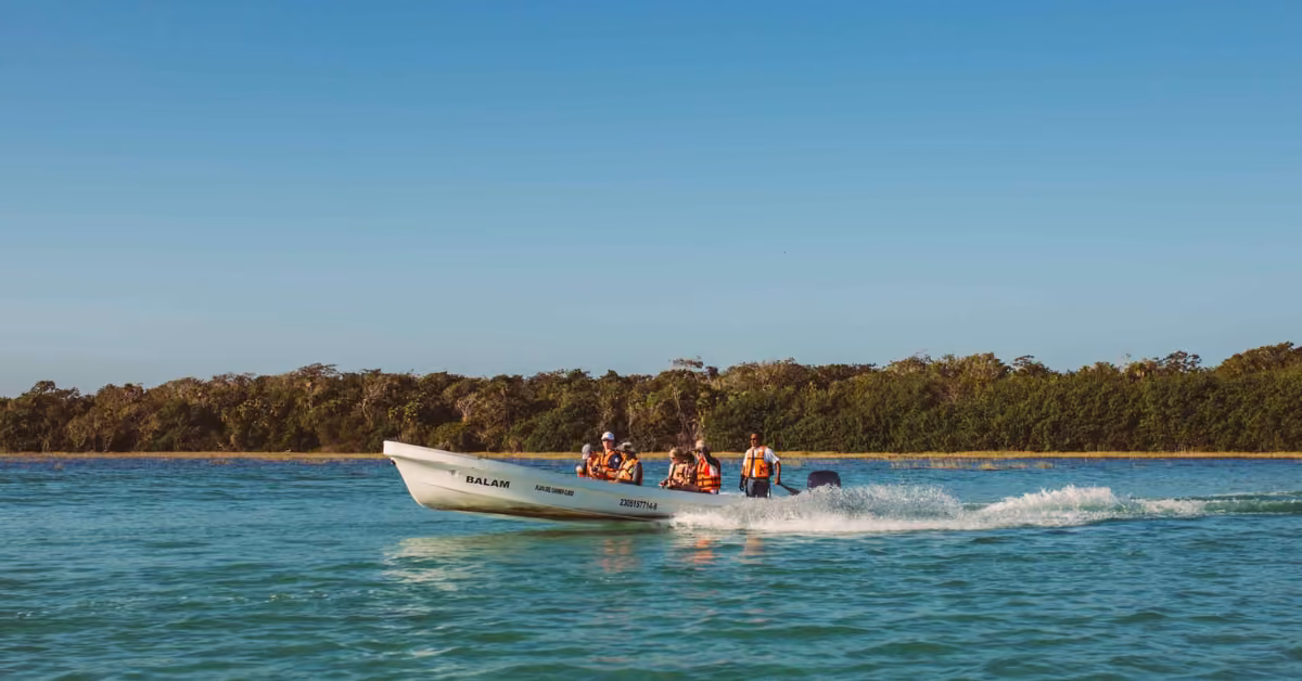 A small motorboat with four people in life jackets moves across blue water near a lush, green shoreline under a clear sky.