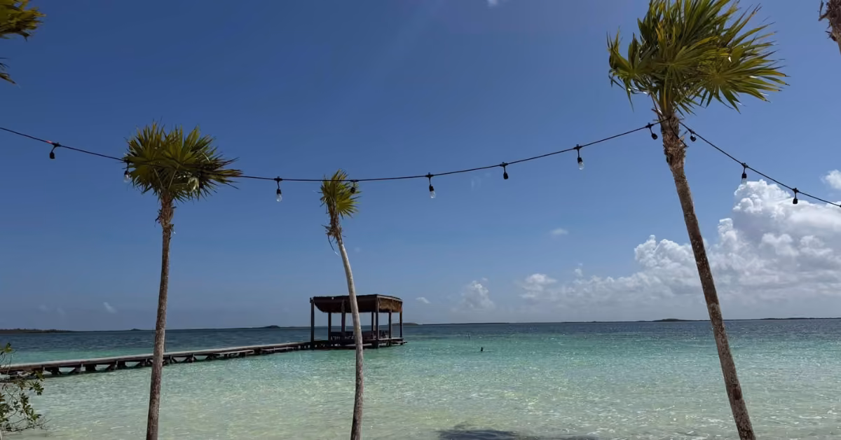 A wooden pier stretches into turquoise water under a sunny sky, with palm trees and string lights creating a relaxing vibe.