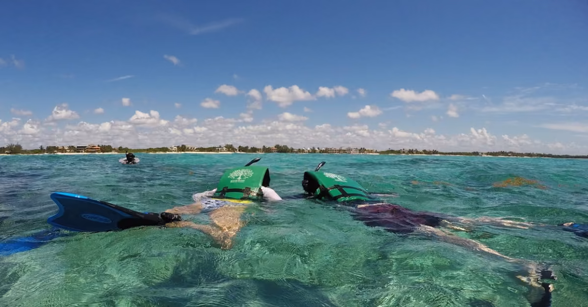 Two people in green life vests snorkel in shallow turquoise water near a shoreline, under a bright blue sky with clouds.