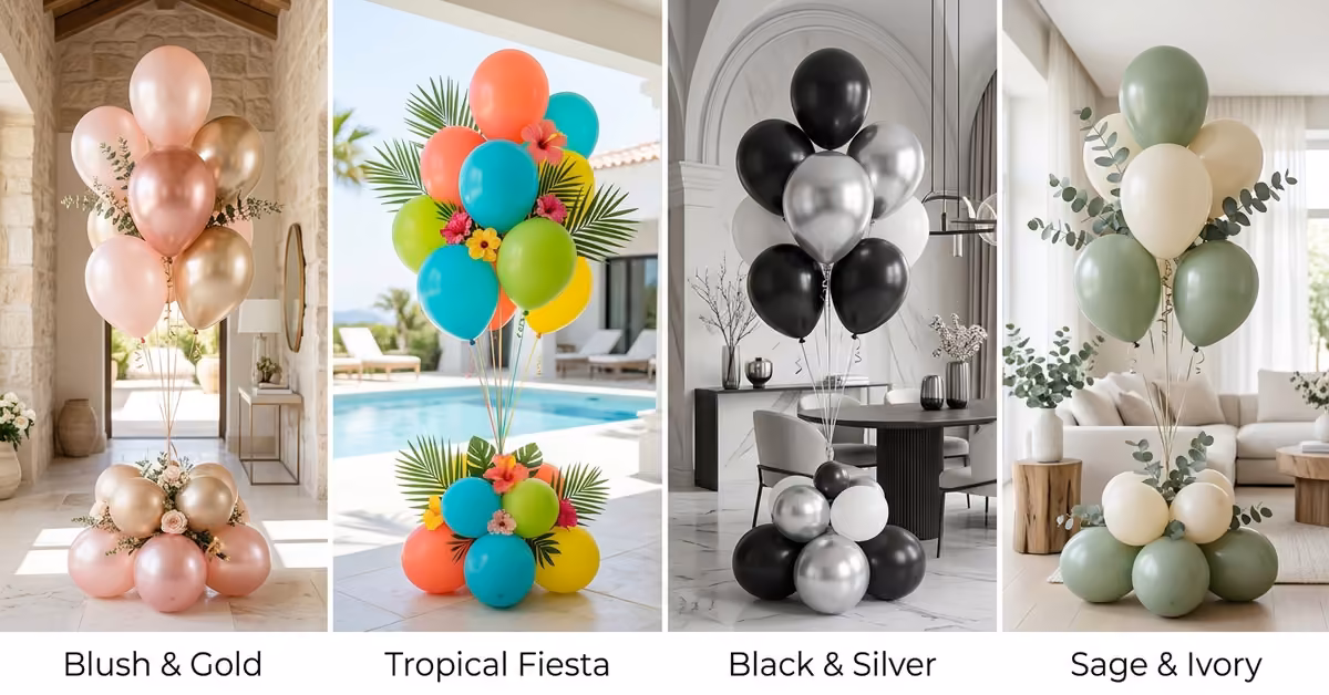 Four balloon bouquets (blush gold, fiesta, black silver, and sage) styled with matching decor for elegant villa celebrations.