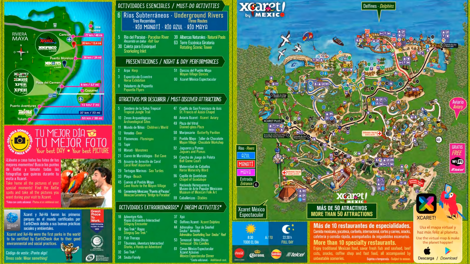 Vibrant illustrated map of Xcaret park showing attractions, rivers, zones, legends, icons, and info panels in two languages.