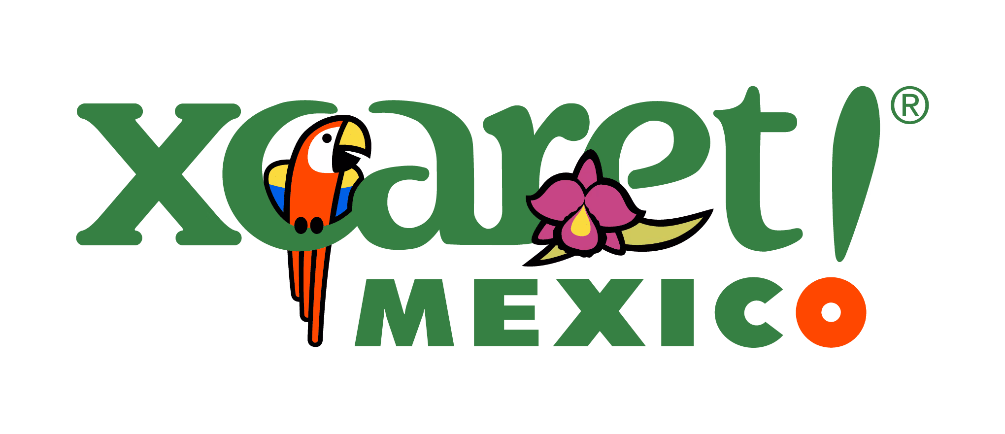 Green “Xcaret Mexico” logo with a parrot on the X, purple flower and green leaves around A and E, and orange O at the end.