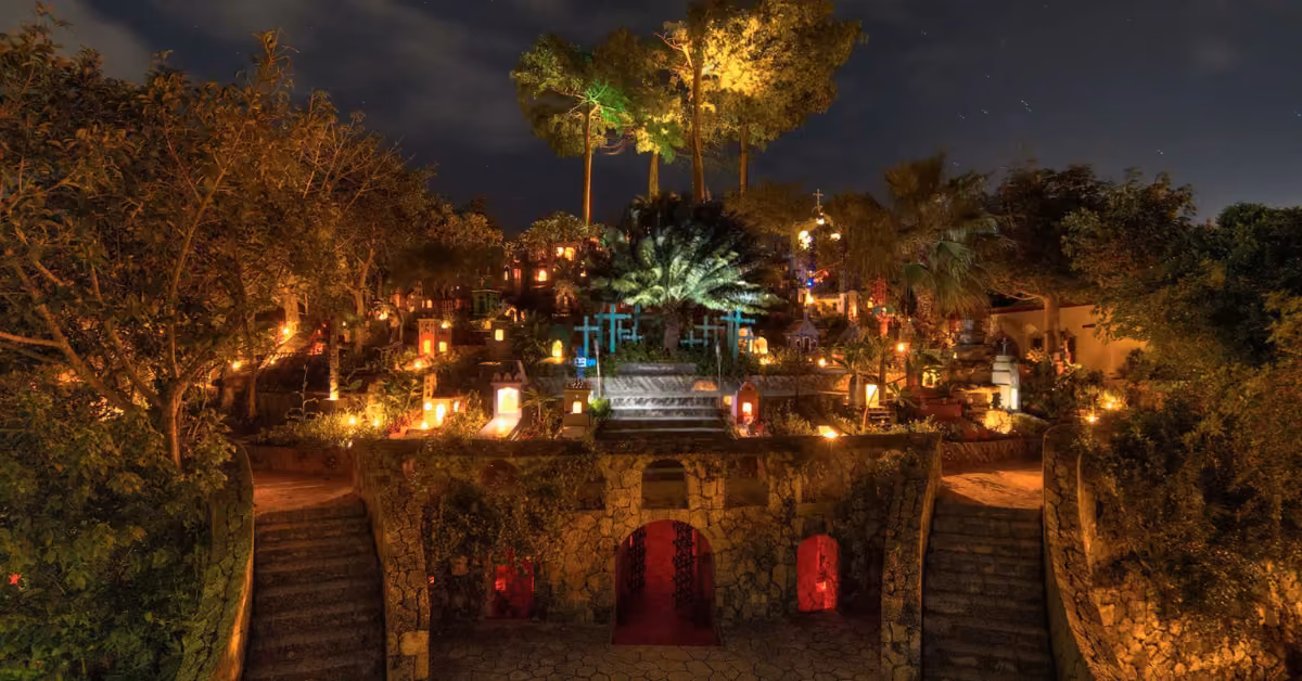 A lush terraced garden glows at night with colorful lights, flanked by stone stairs and tall trees for a mystical vibe.