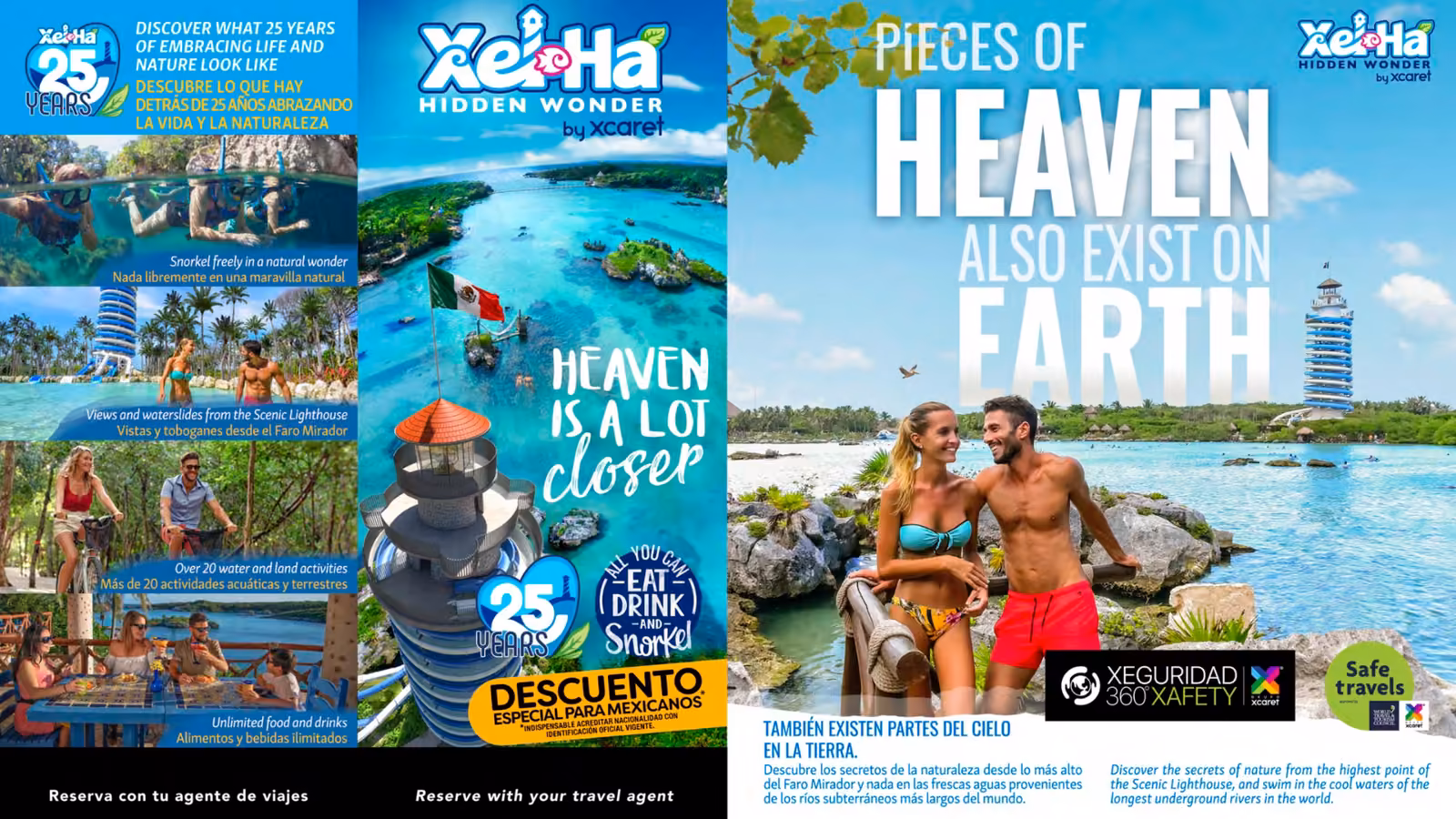 A vibrant Xel-Ha brochure shows a lagoon, swimmers, water slide, tropical scenery, and a smiling couple amid blue-green tones.