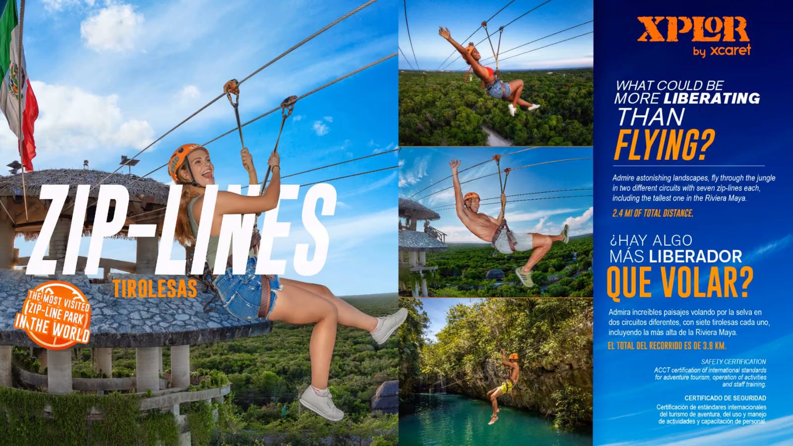 A smiling young woman rides a zipline over lush forest at Xplor, Riviera Maya, with a clear sky and tower in the background.