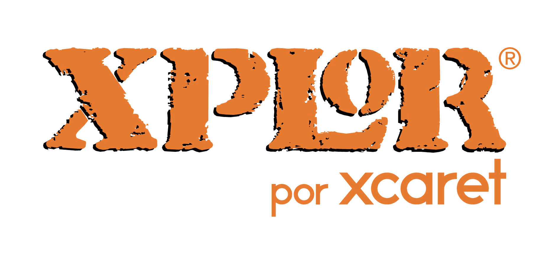 XPLOR in bold, rugged orange letters with “por xcaret” below in smaller orange text on a white background.