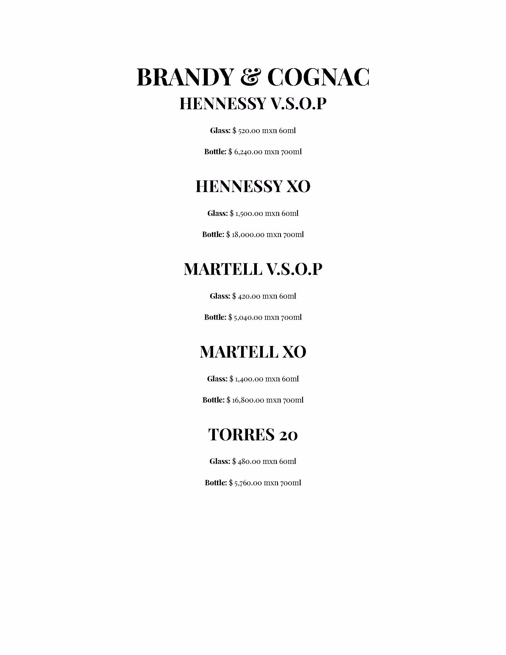 Menu listing brandy and cognac options, perfect for an Azulik rooftop evening: Hennessy V.S.O.P, Hennessy XO, Martell V.S.O.P, Martell XO, and Torres 20—glass and bottle prices available in 60ml and 700ml sizes.