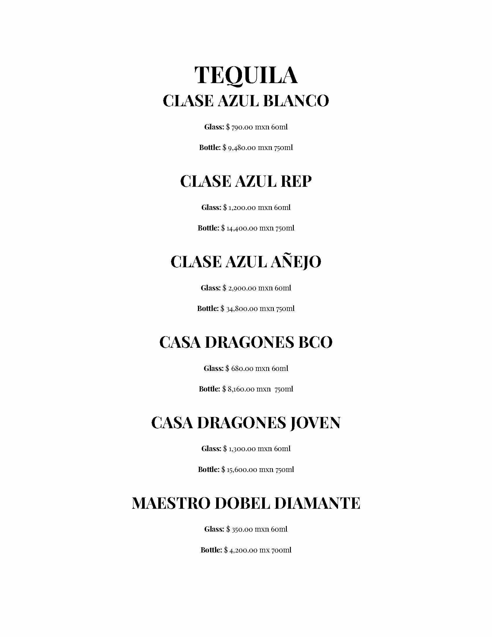 A menu at Azulik Rooftop displaying various tequila options with prices for glass and bottle, including Clase Azul Blanco, Rep, Añejo, Casa Dragones BCO, Joven, and Maestro Dobel Diamante—each listed with respective prices and volumes.