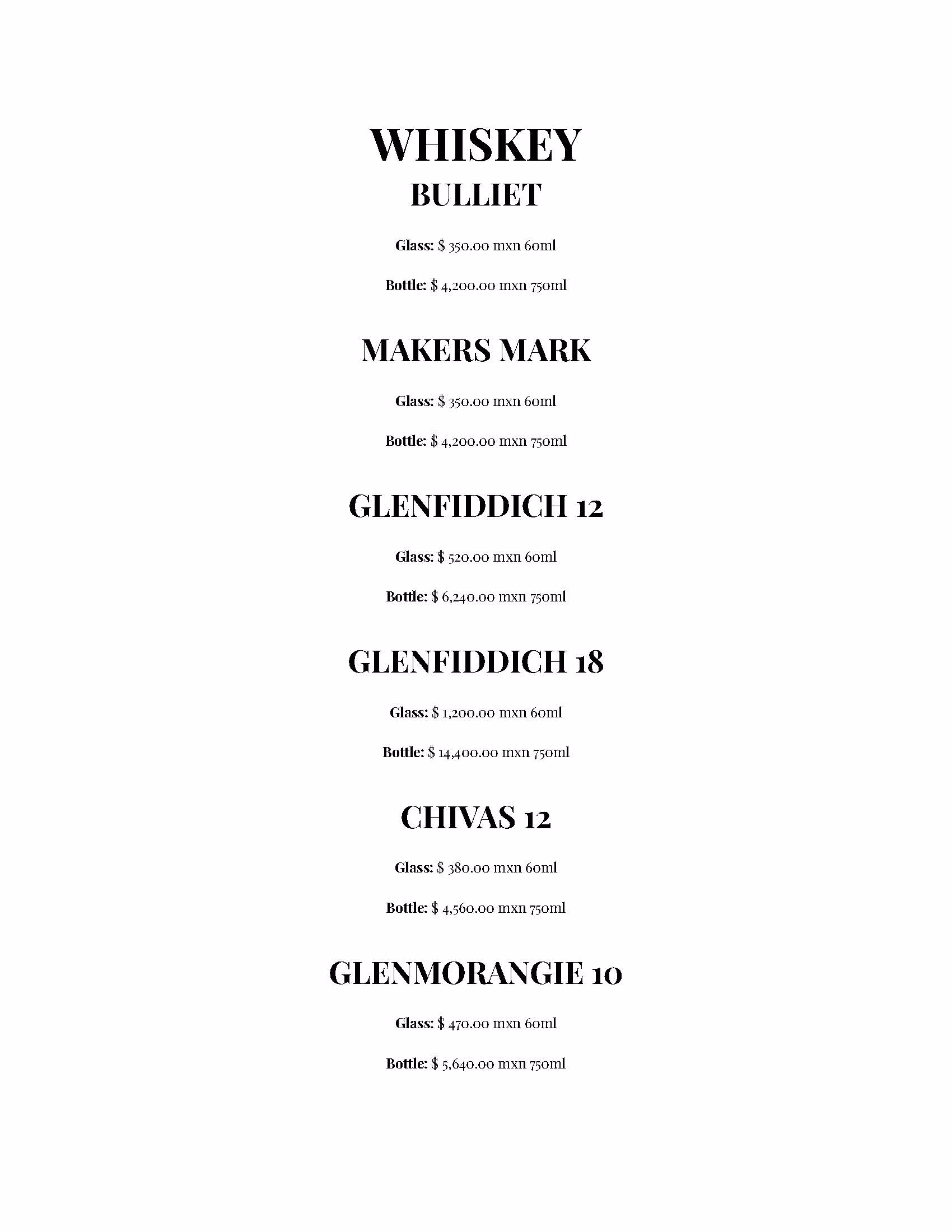 Explore our Azulik Rooftop whiskey menu featuring Bulleit, Makers Mark, Glenfiddich 12, Glenfiddich 18, Chivas 12, and Glenmorangie 10 with glass 60ml and bottle 750ml prices listed below each selection.