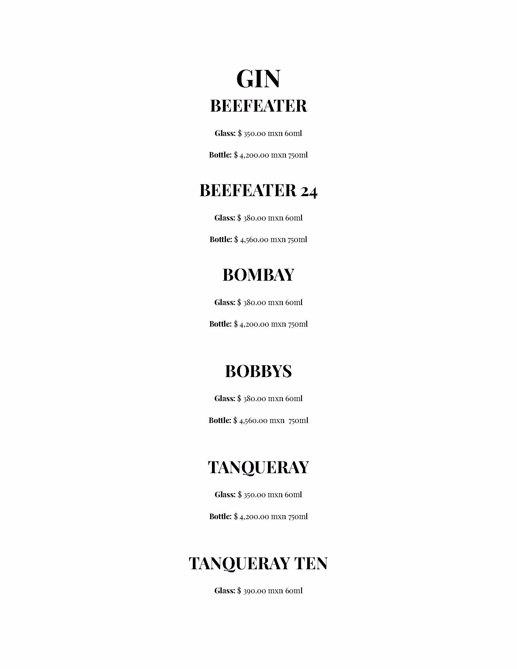 A gin menu at Azulik Rooftop listing Beefeater, Beefeater 24, Bombay, Bobbys, Tanqueray, and Tanqueray Ten. Prices for glass 60ml and bottle 750ml are shown below each brand. The text is centered on a white background.