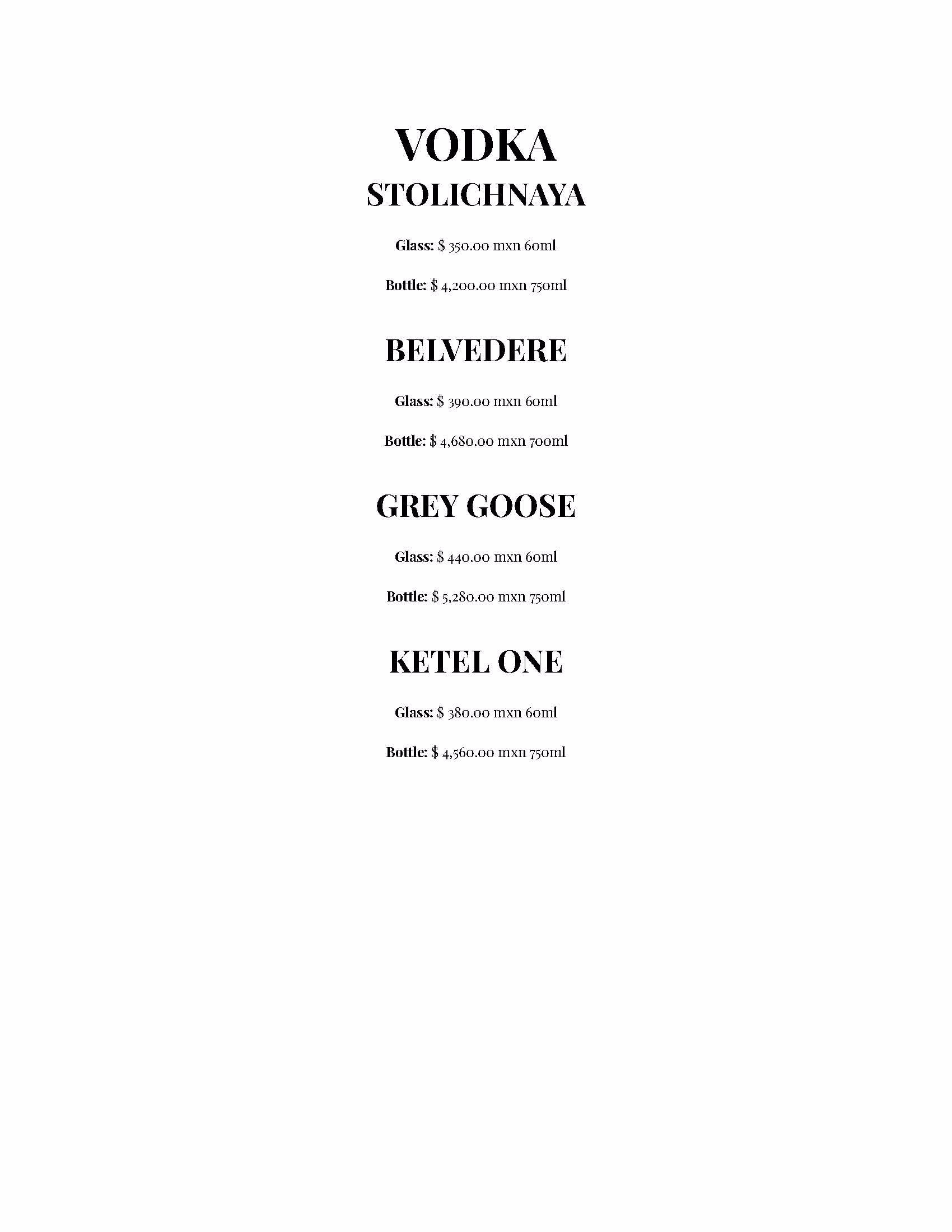 A drink menu, inspired by the Azulik Rooftop, listing four vodka brands: Stolichnaya, Belvedere, Grey Goose, and Ketel One with glass and bottle prices for 60ml and 750ml. All text is centered on a white background.