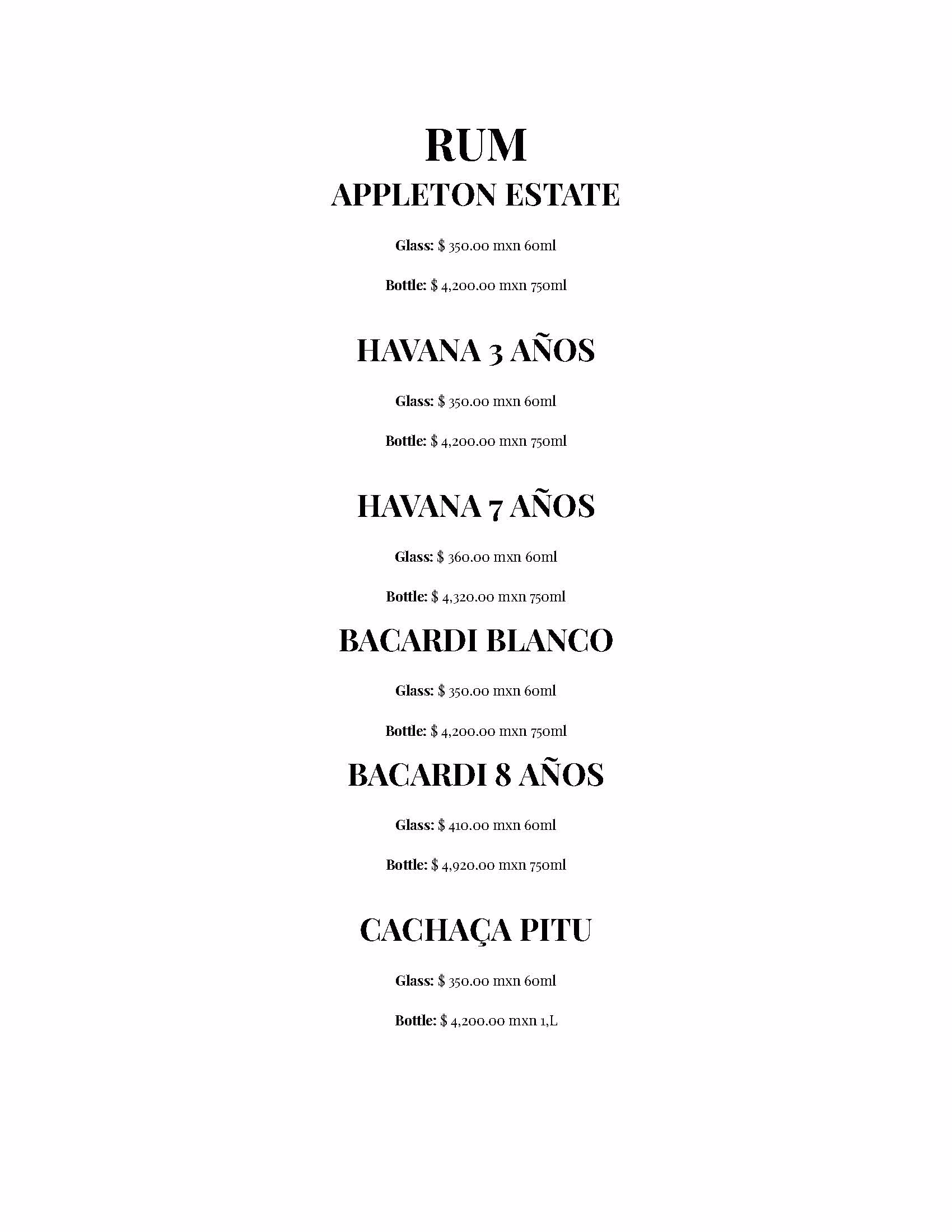 A white menu at Azulik Rooftop lists rums like Appleton Estate, Havana 3 Años, Bacardi Blanco, and Cachaça Pitu, with prices for glass 60ml and bottle 750ml in pesos.