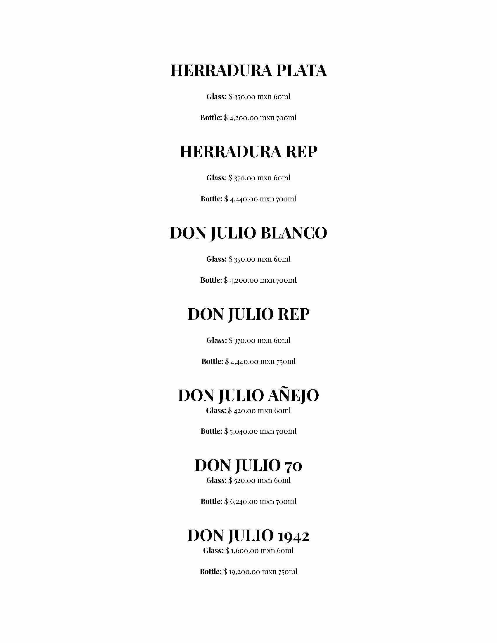 Explore our azulik rooftop drink menu featuring Herradura and Don Julio tequila options, with glass and bottle prices for Herradura Plata, Herradura Rep, Don Julio Blanco, Rep, Añejo, 70, and the iconic 1942.