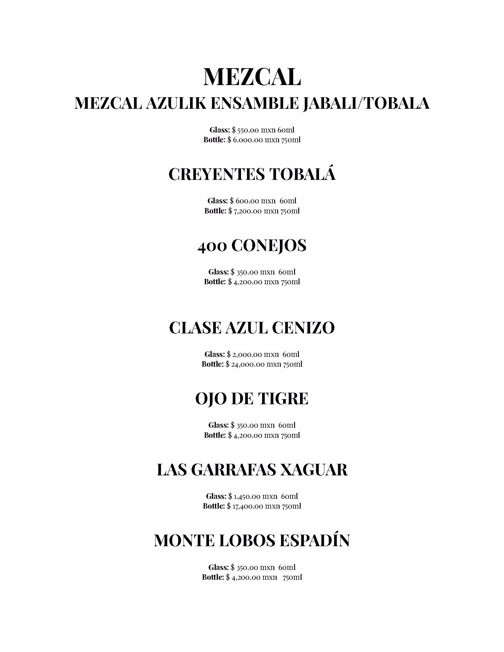 A mezcal menu at Azulik Rooftop listing seven options with prices for glass and bottle sizes. Brands include Mezcal Azulik Ensamble Jabali/Tobala, Creyentes Tobalá, 400 Conejos, Clase Azul Cenizo, Ojo de Tigre, Las Garrafas Jaguar, and Monte Lobos Espadín.