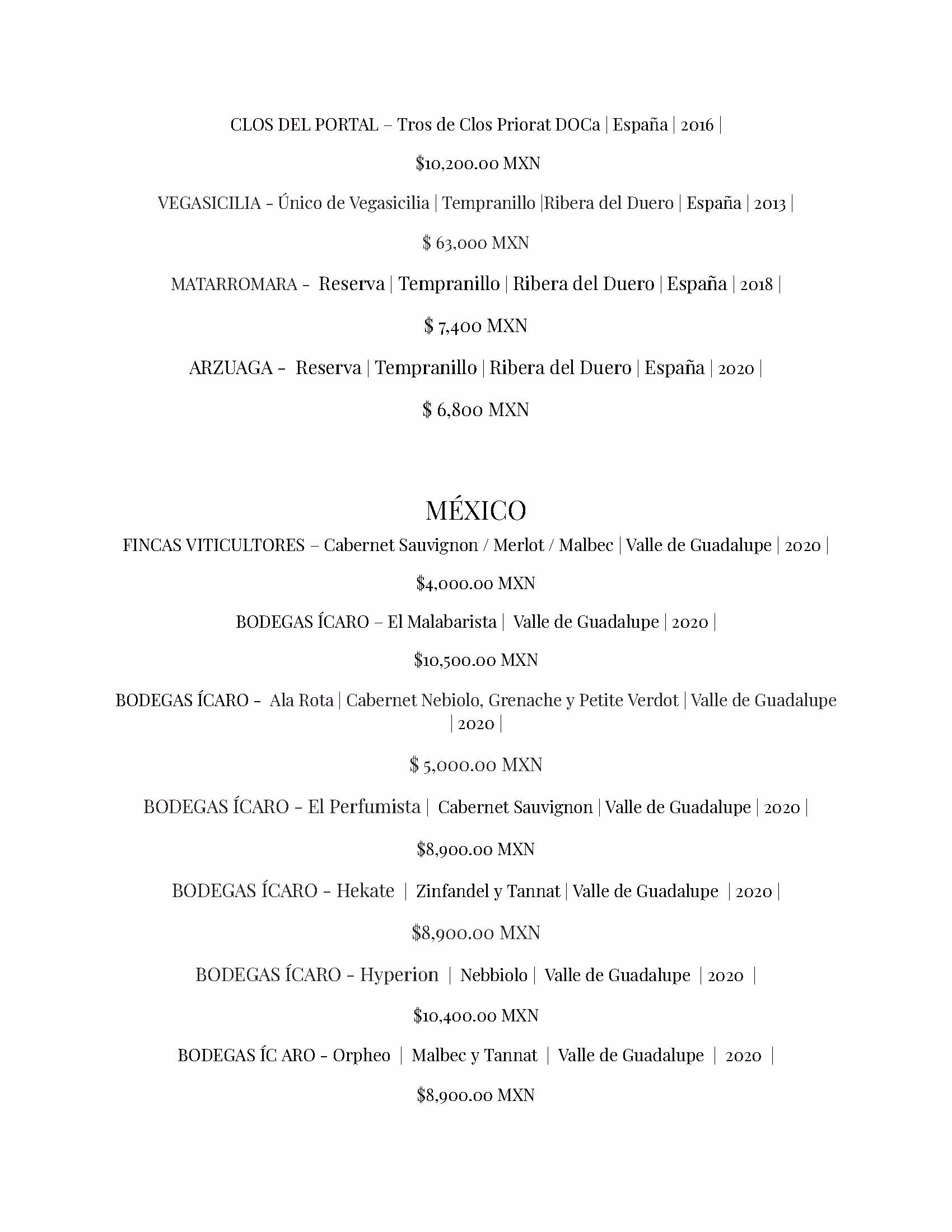 Wine list on a white background, featuring Spanish and Mexican wines with details like type, region, year, and prices in MXN pesos—perfect for enjoying at the Azulik Rooftop. Organized into España and México sections with several entries under each.