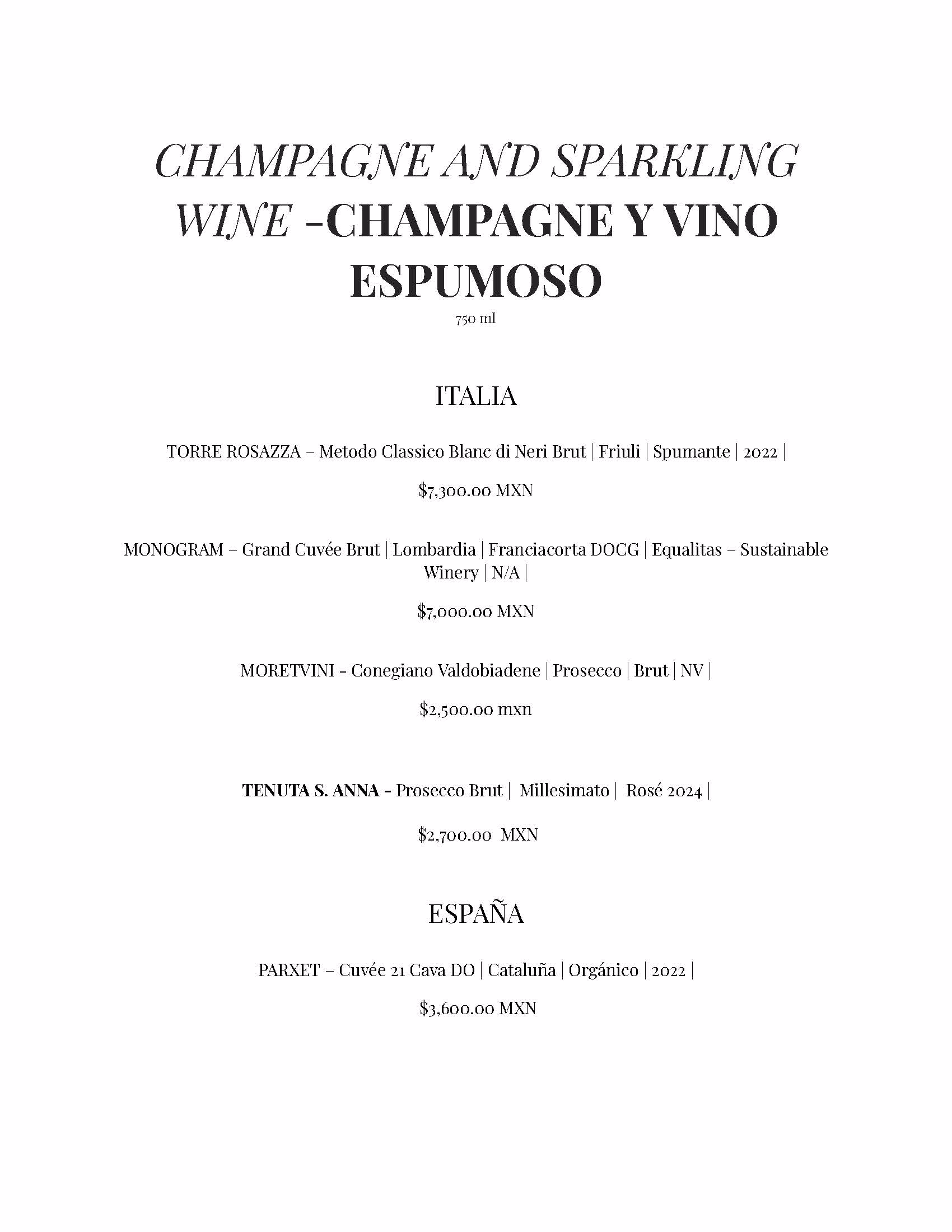 A wine list titled Champagne and Sparkling Wine—Champagne y Vino Espumoso, curated for the Azulik Rooftop, features Italian and Spanish selections with names, origins, types, years, and prices in Mexican pesos.