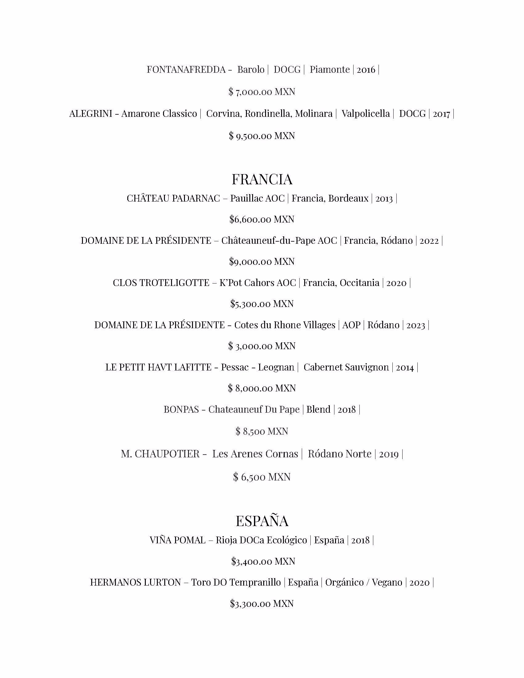 A restaurant wine list, perfect for an Azulik Rooftop evening, features wines from Italy, France, and Spain, with names, regions, vintages, grape varieties, and prices in Mexican pesos arranged in columns under each country heading.