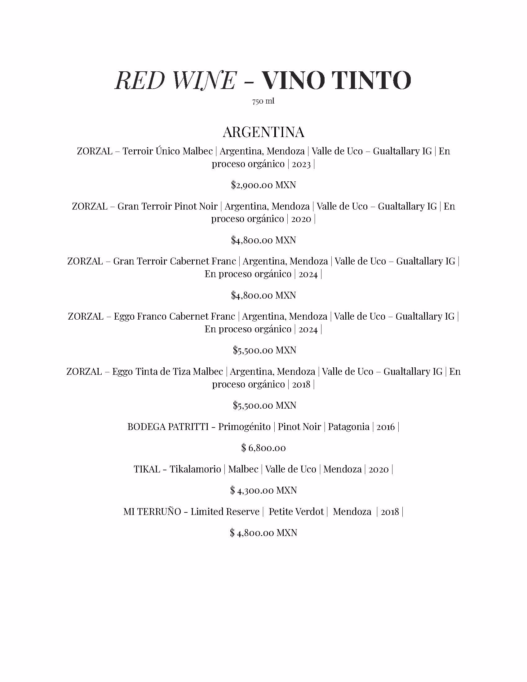 A wine menu titled Red Wine – Vino Tinto, inspired by the Azulik Rooftop, lists various Argentinian reds, their regions, vintages, and prices in MXN, plus two additional wines from Patagonia and Mexico at the bottom.
