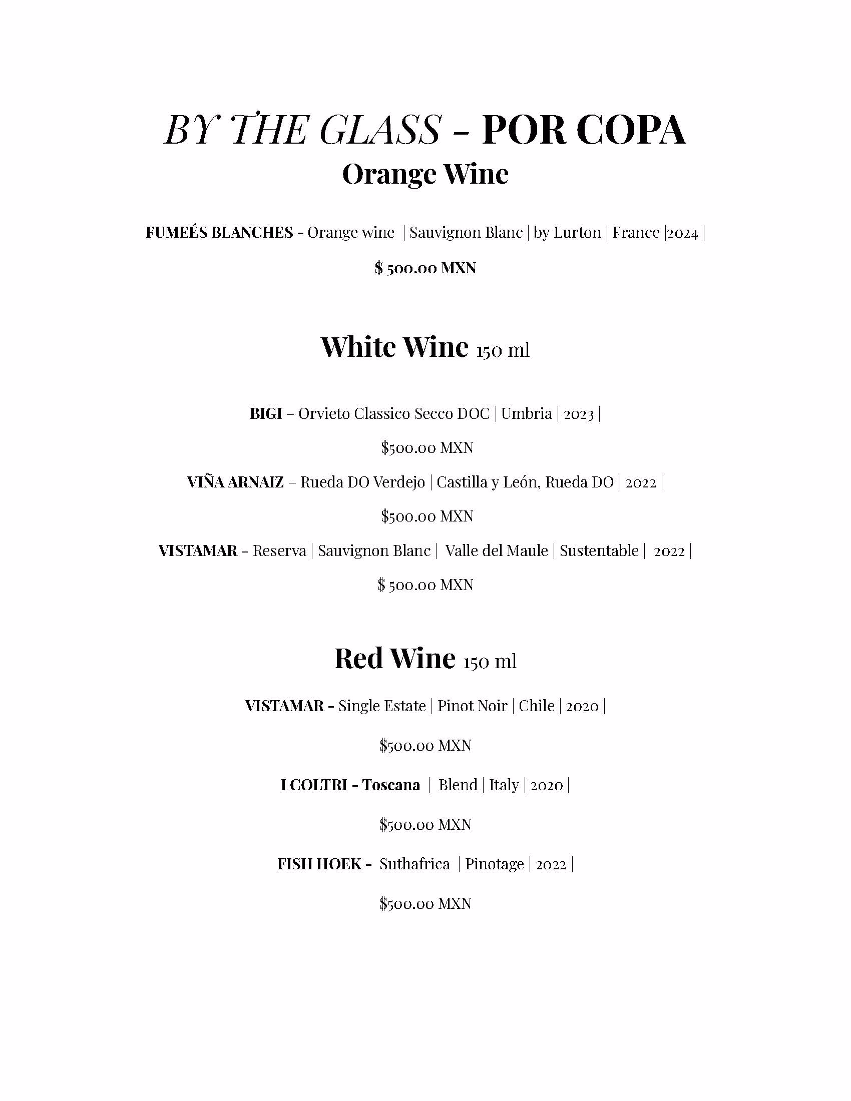 A wine menu titled BY THE GLASS – POR COPA, featured at Azulik Rooftop, offers Orange, White, and Red wines by the glass, listing names, origins, grape varieties, vintages, and prices in Mexican pesos.