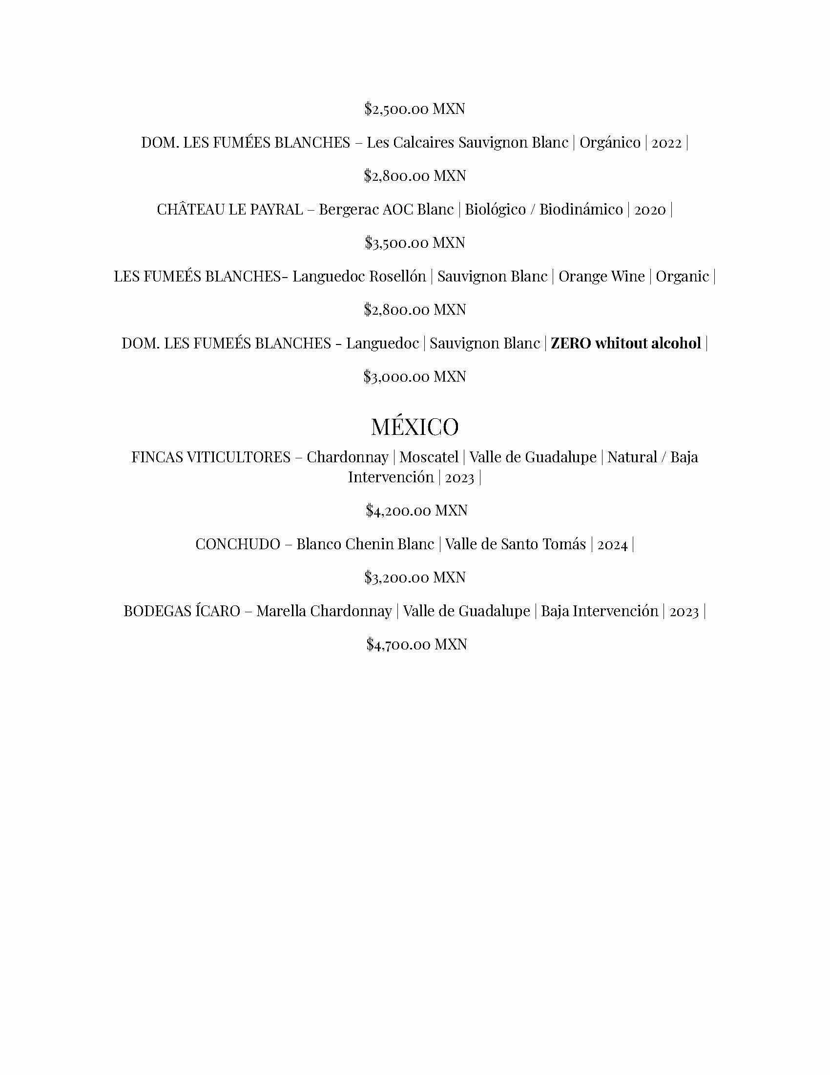 Wine list featuring various bottles and prices in MXN, curated for the azulik rooftop. Includes organic, biodynamic, zero-intervention, and Baja California options. Categories are labeled by origin, with subtypes and vintages listed underneath.