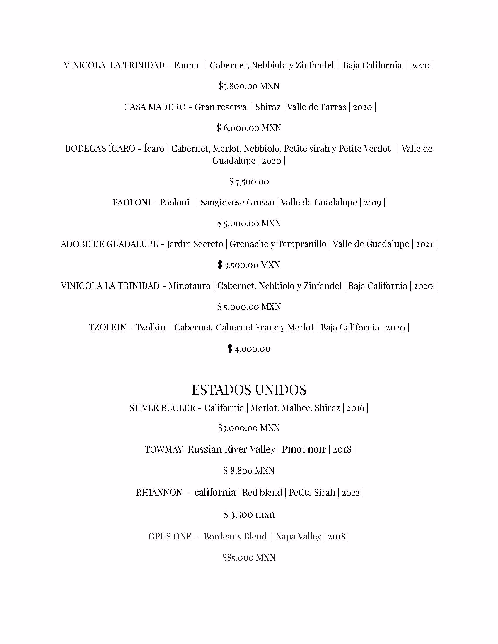 A restaurant wine list, perfect for an Azulik Rooftop evening, featuring wines from Mexico and the United States. Discover names, grape varieties, regions, vintages, and MXN prices—organized by country with both red blends and single varietals.