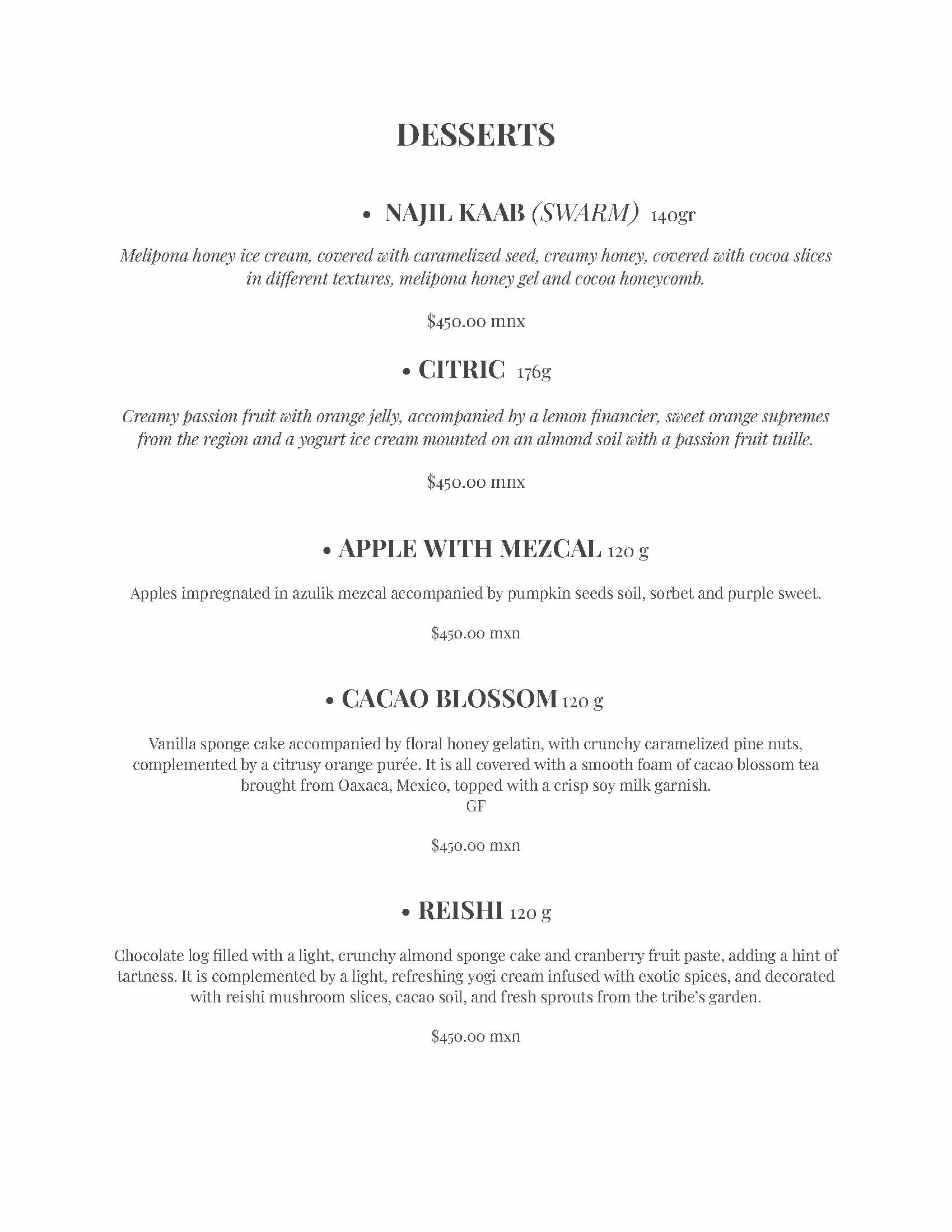 A kin-toh rooftop dessert menu listing five options with detailed descriptions and prices: Najil Kaab Swarm, Citric, Apple with Mezcal, Cacao Blossom, and Reishi. Each features unique ingredients and stunning presentation.
