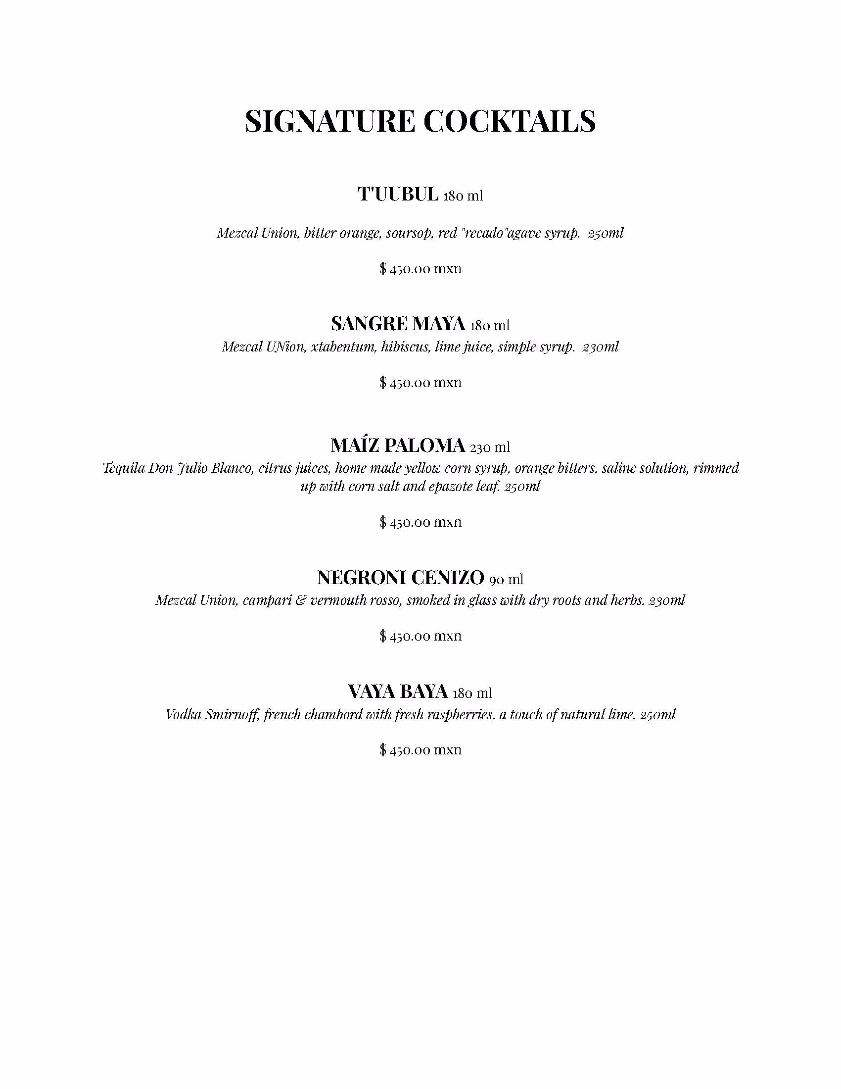 A cocktail menu titled Signature Cocktails at the Kin-Toh Rooftop lists five drinks—TUUBUL, SANGRE MAYA, MAÍZ PALOMA, NEGRONI CENIZO, and VAYA BAYA—with ingredients, glass size, and a price of 450.00 MXN for each.