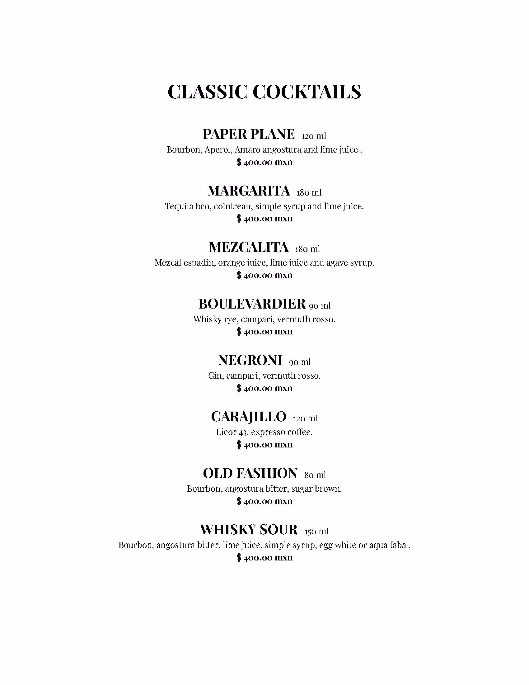 A cocktail menu titled Classic Cocktails at Kin-Toh Rooftop lists drinks including Paper Plane, Margarita, Mezcalita, Boulevardier, Negroni, Carajillo, Old Fashion, and Whisky Sour, each with ingredients and bold prices.