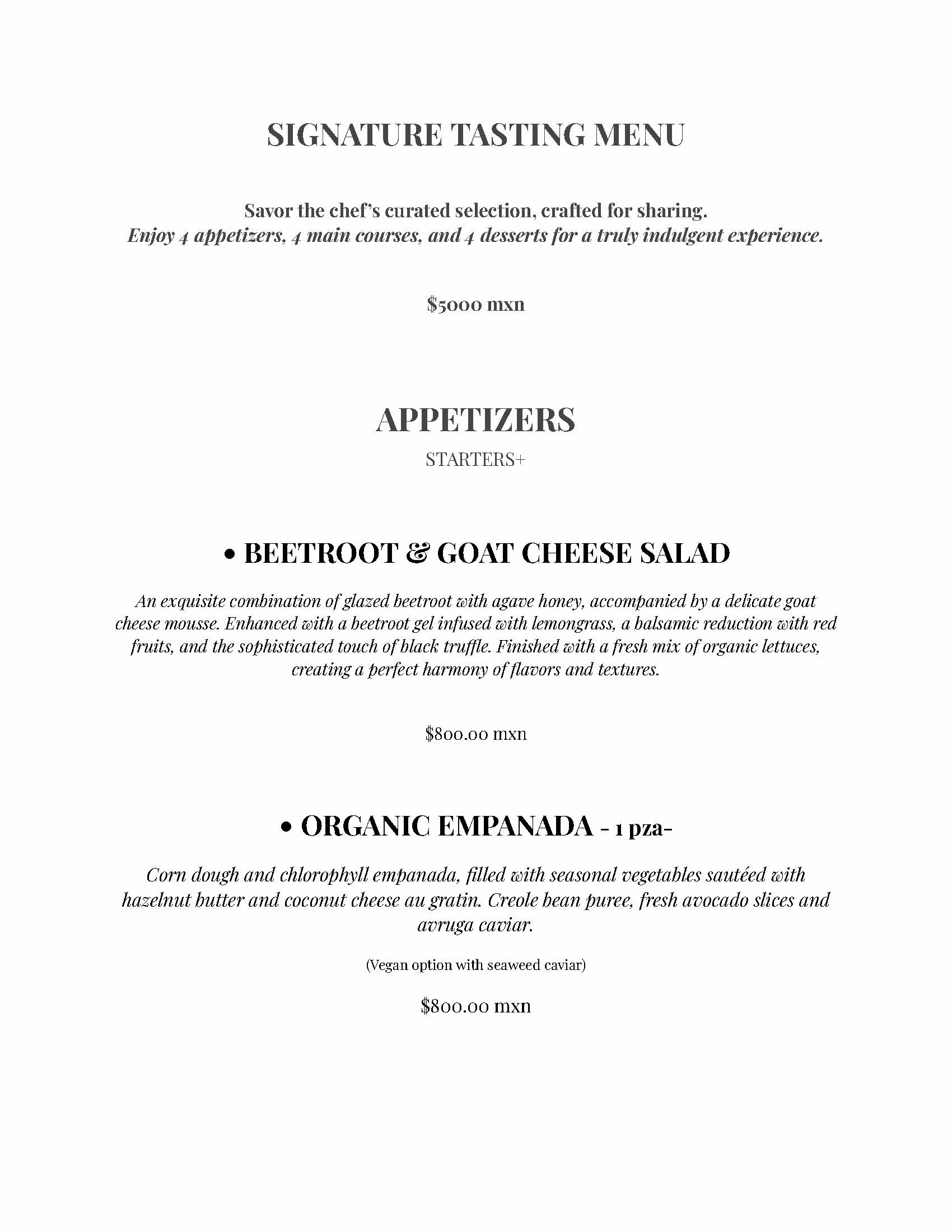 A black-and-white restaurant menu titled Signature Tasting Menu, elegantly formatted with bold headings. Appetizers include Beetroot Goat Cheese Salad and Organic Empanada, each described with prices in MXN—perfect for a refined kin-toh rooftop dining experience.