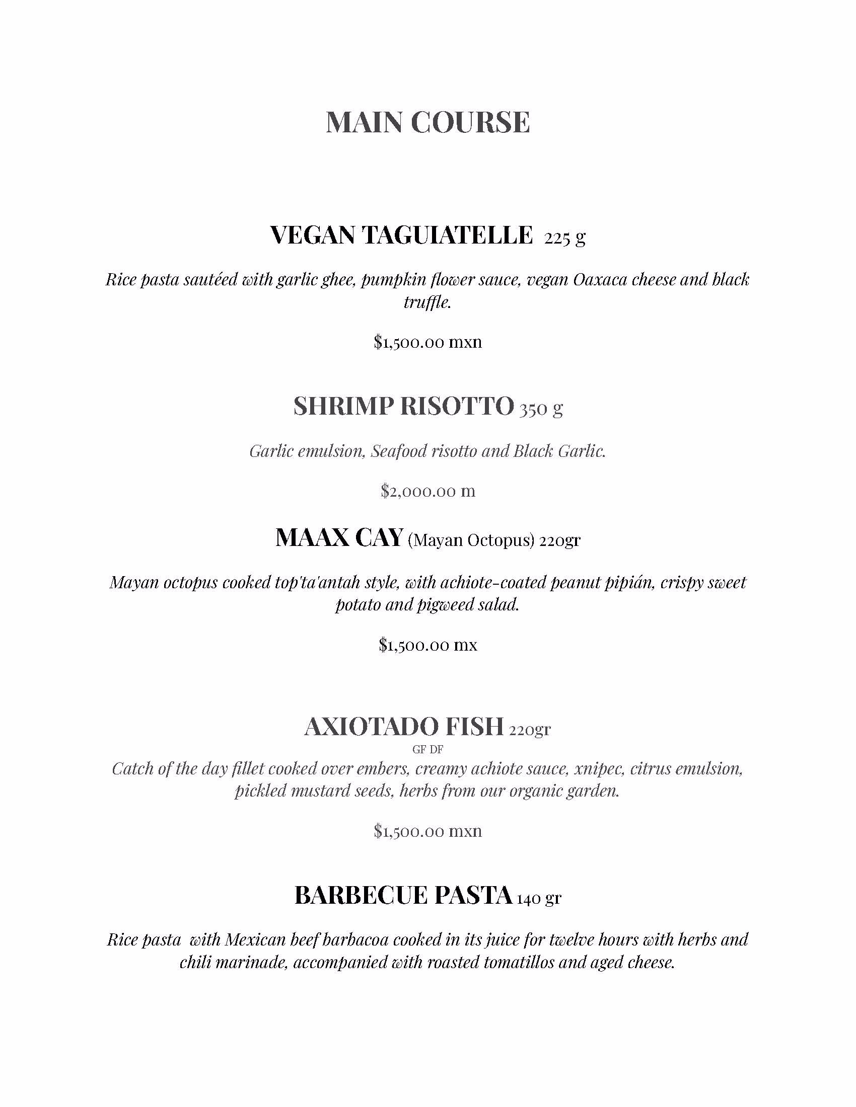Menu listing main courses: vegan tagliatelle, shrimp risotto, Maax Cay octopus, axiotado fish, and barbecue pasta, each with a description and price in pesos, set against a white background with black text—perfect for the Kin-Toh rooftop experience.