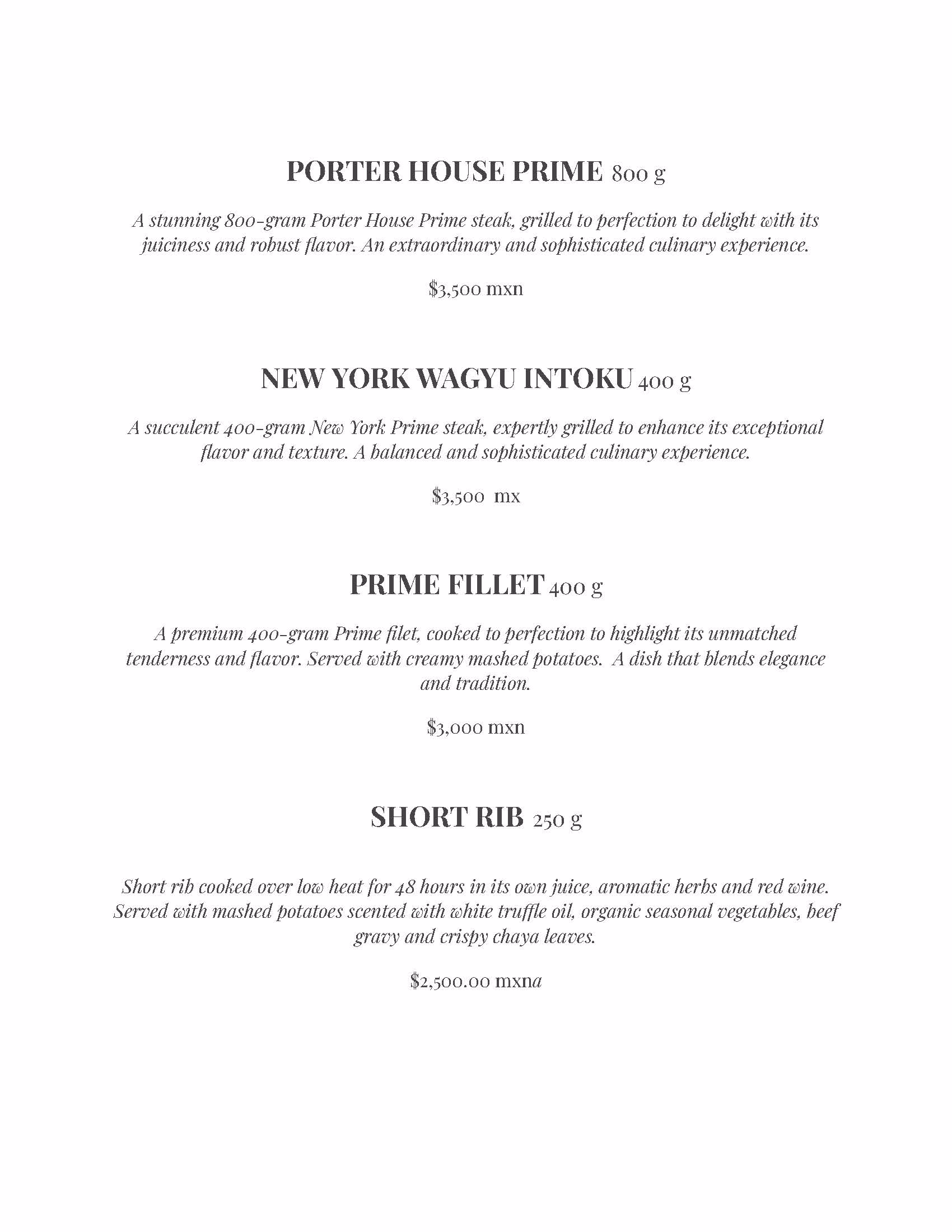 An elegant, minimal menu from kin-toh rooftop features four steak dishes—Porter House Prime, New York Wagyu Intoku, Prime Fillet, and Short Rib—with detailed descriptions, weights in grams, and prices in Mexican pesos.